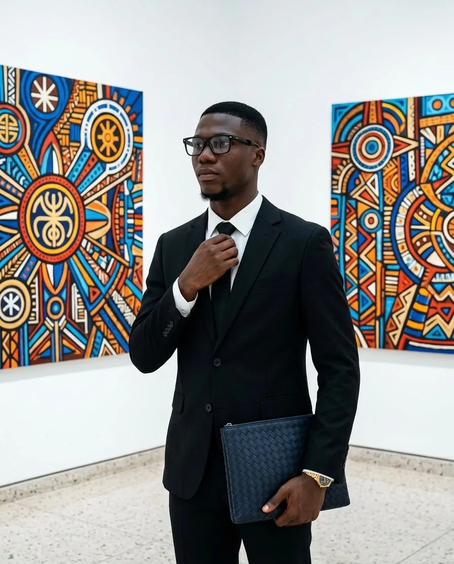 SYLTECH GLOBAL leadership: a confident executive in a tailored black suit, standing in a modern gallery space.